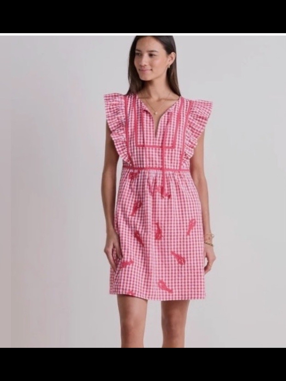 Vineyard Vines Lobster Gingham Ruffle-Sleeve Dress